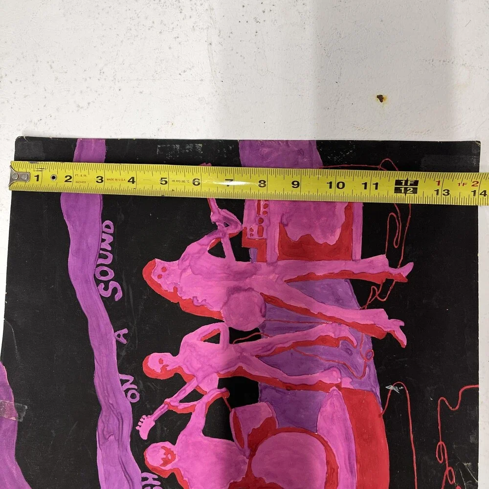 Vintage 1968 Psychedelic Band Drawing Get High On A Sound Pink Purple 15x18 OOAK